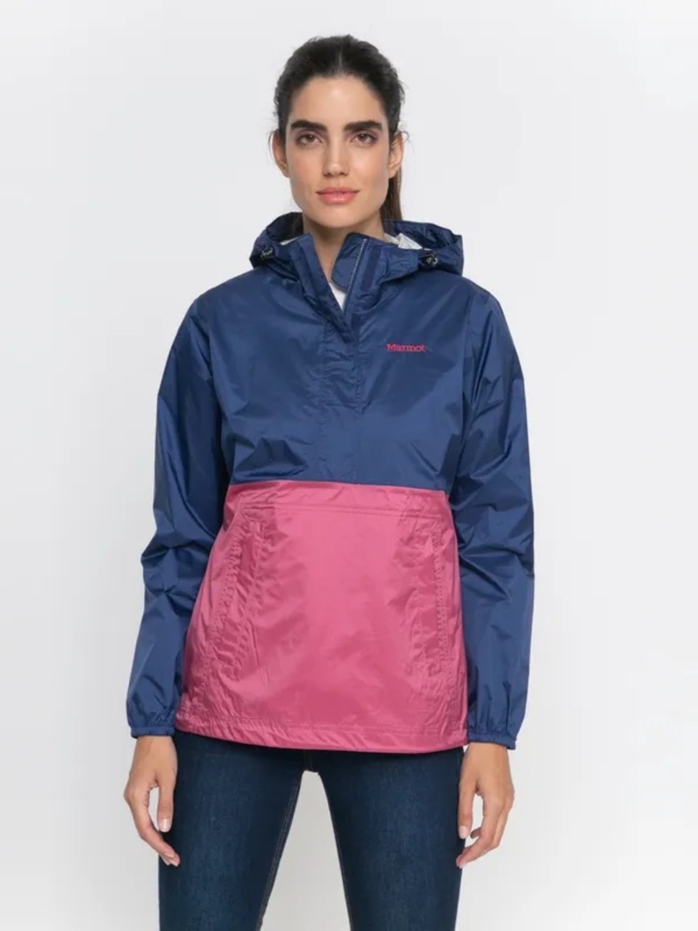 Marmot PreCip Eco Anorak Navy and Pink Hooded Pullover Rain Jacket Size S.
